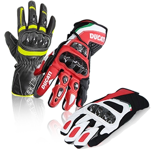 Trois gants de moto sportifs avec protections, disponibles en noir, rouge et blanc, avec logo Ducati.